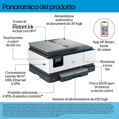 HP OfficeJet Pro 8134e Wireless All-in-One Colore Stampante, Instant Ink; Stampa fronte/retro