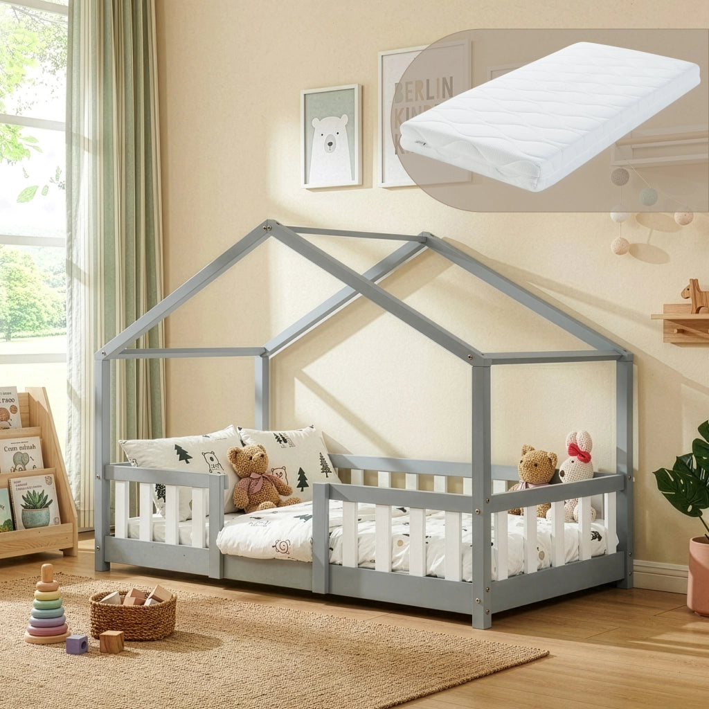 Letto per Cameretta Treviolo a Forma di Casetta in Stile Montessori con Materasso 80x160 cm - Grigio Chiaro/Bianco [en.casa]