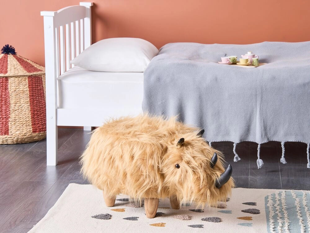 Sgabello per bambini con animali Rhino Sand Beige Pelliccia sintetica con gambe in legno imbottite Poggiapiedi per la cameretta dei bambini