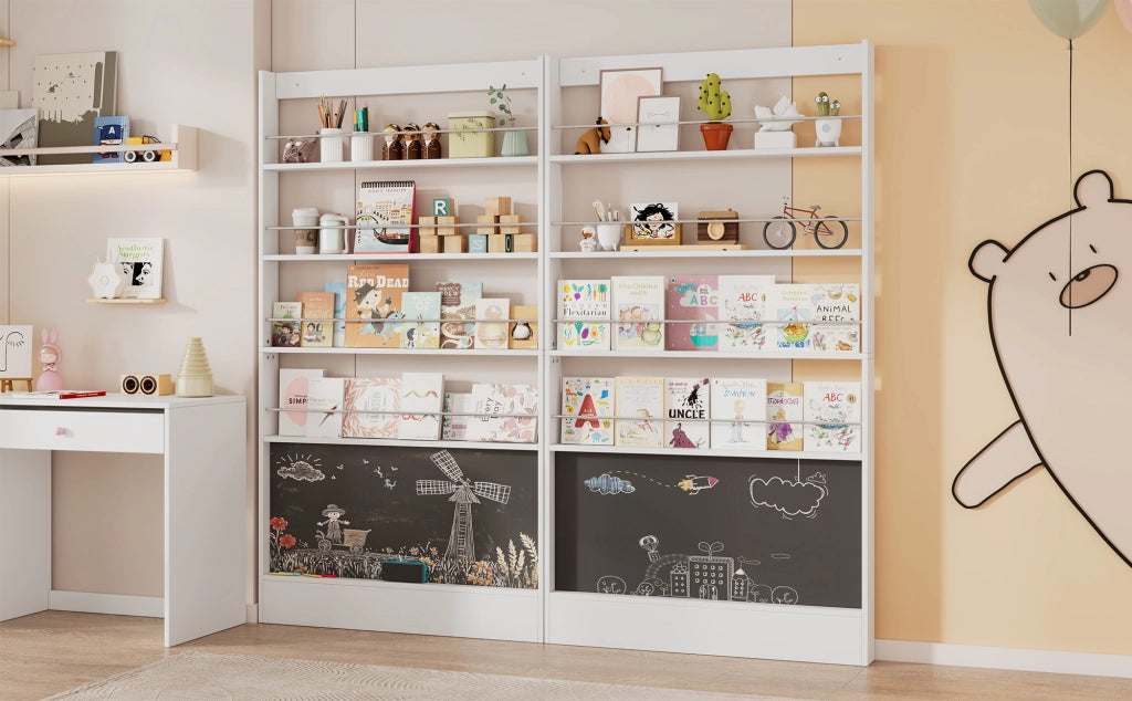 Libreria slim 100x10x180 cm con lavagna nera, 4 ripiani aperti, salvaspazio con fissaggio a parete, bianco