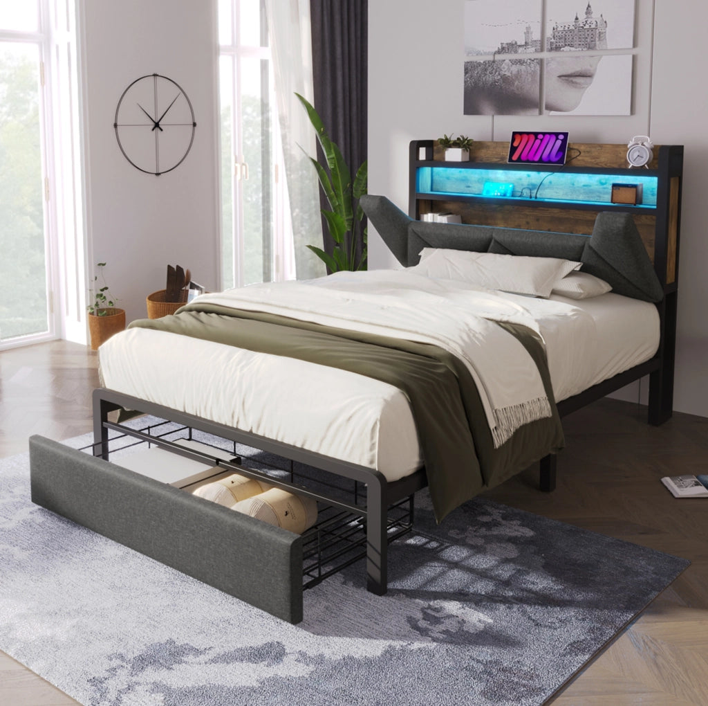 Letto singolo 90x200 cm con LED, USB/Type-C, testiera contenitore e cassetto