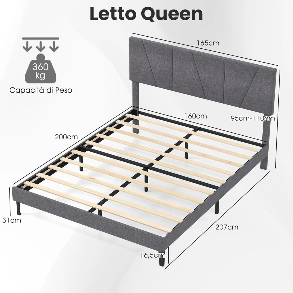Struttura Letto Matrimoniale, Letto Piattaforma Rivestito in Lino con Testiera Regolabile in Altezza, Doghe in Legno a Supporto del Materasso, Silenzioso (200x160cm)