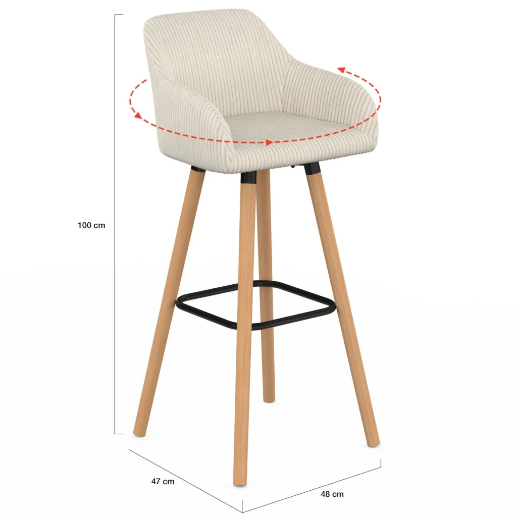 IDMarket - Set di 4 sgabelli da bar JANY girevoli con braccioli in velluto a coste beige e gambe in legno