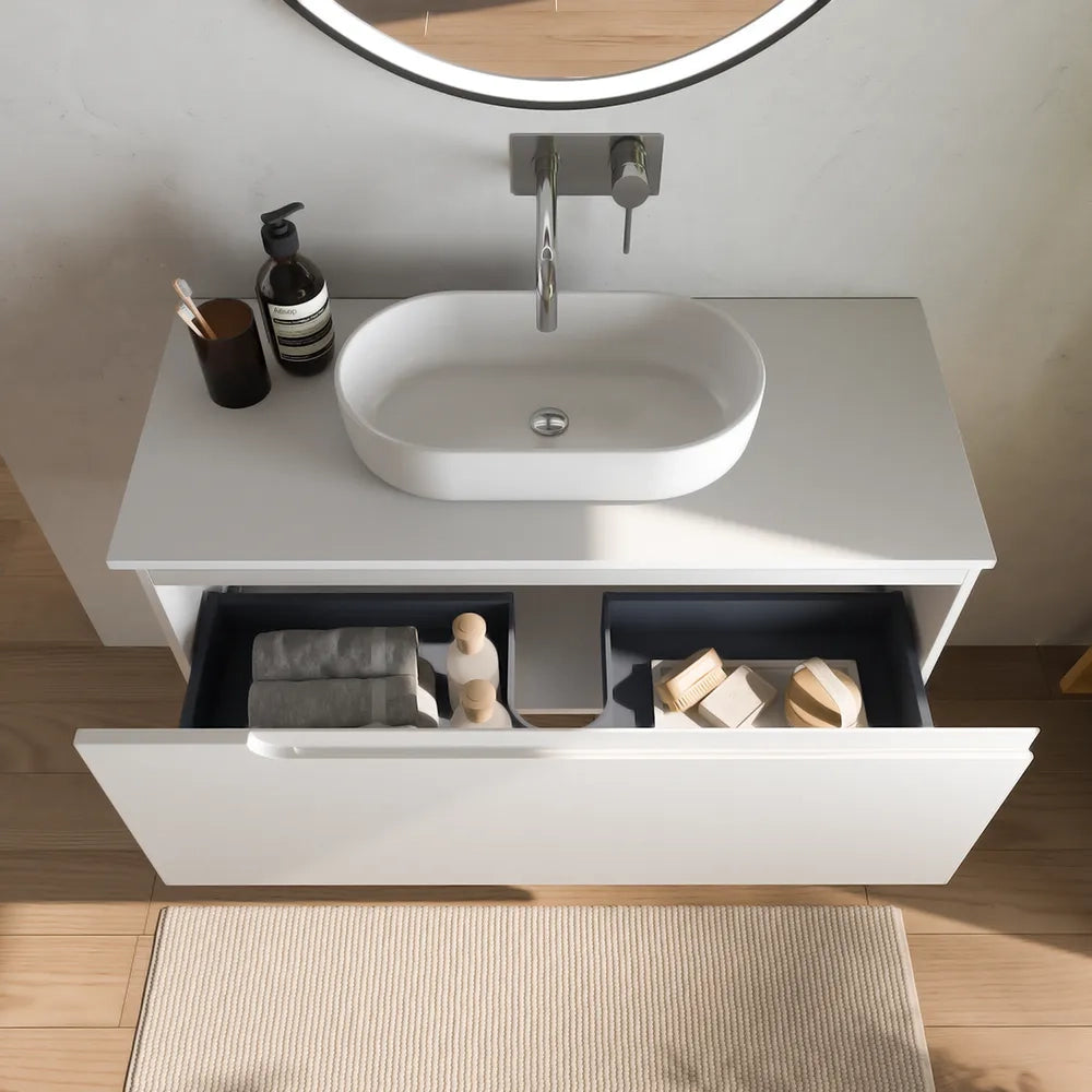 Mobile bagno sospeso 70 cm un cassetto bianco opaco con top | Ardenne