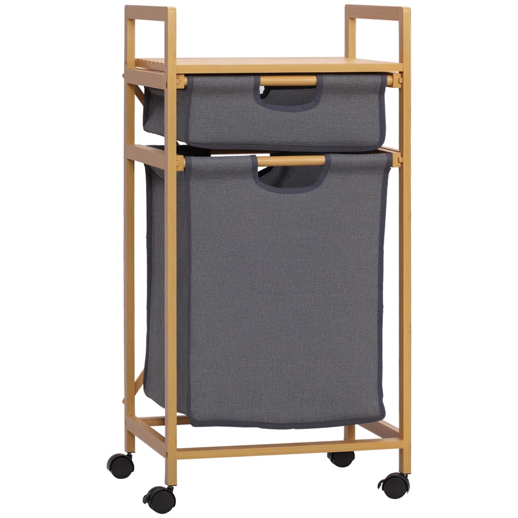 Cestino per Biancheria in Bamb¨´ con 2 Sacchetti e Ruote ¨C Zephmum ¨C Grigio 42x35x84,5 cm
