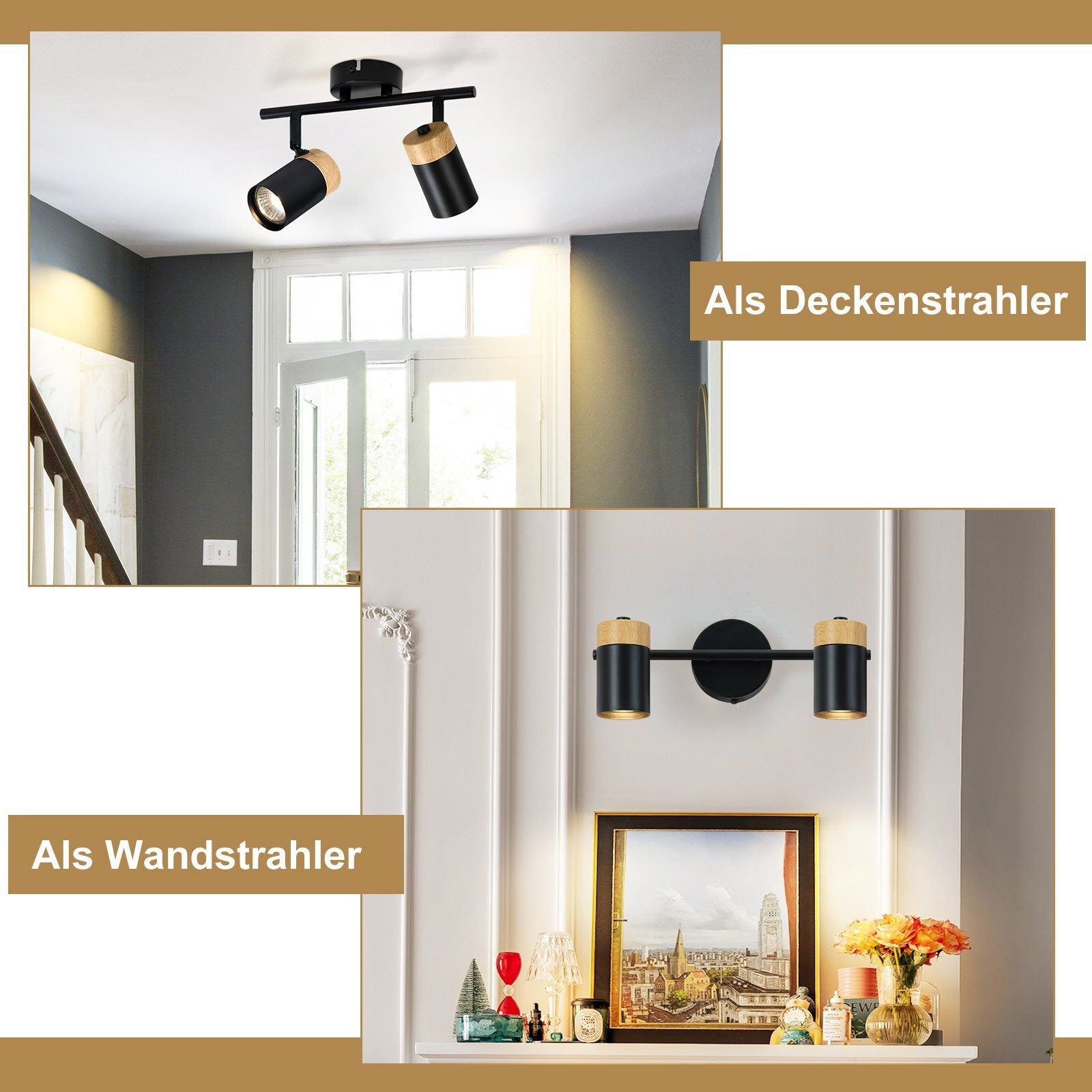 ZMH Faretto da soffitto legno 2 luci GU10 orientabili 330° per camera letto