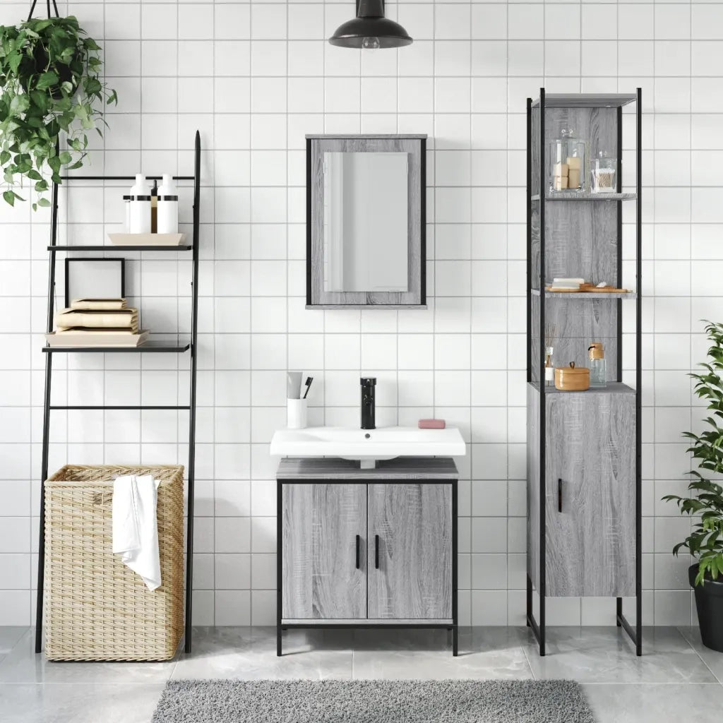 Set Mobili da Bagno 3 pz Grigio Sonoma in Legno Multistrato 3214803