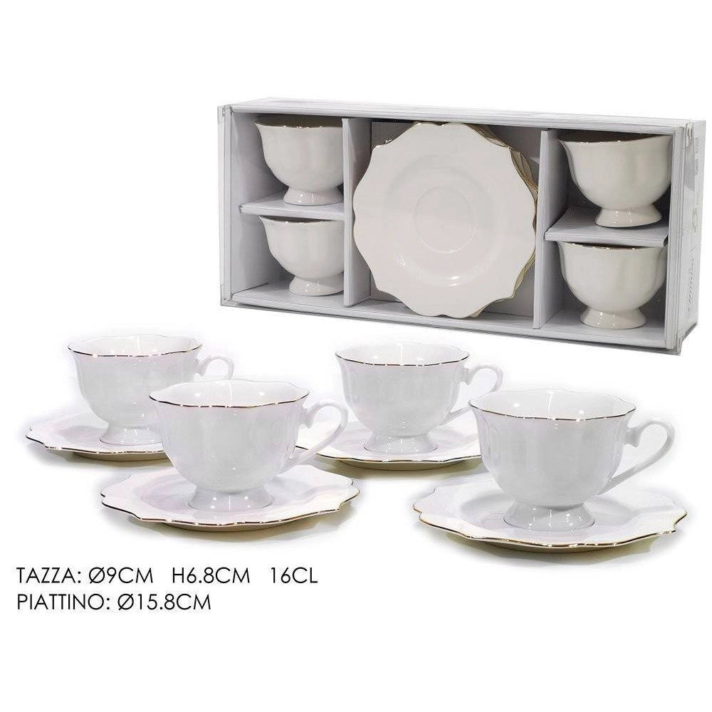 Trade Shop - Servizio Te' 4 Piattini + 4 Tazze 16 Cl Modello Lyanna Fine Porcellana Bianca -