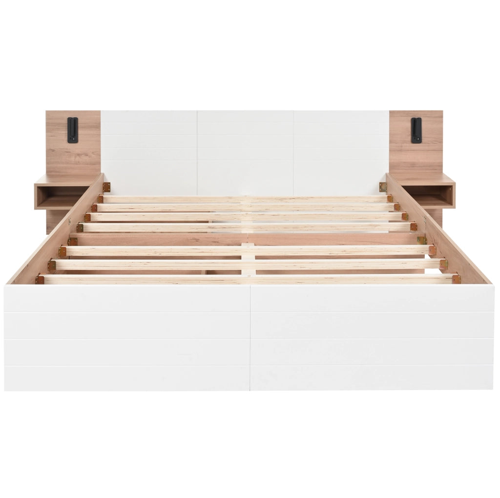 Letto matrimoniale 140x200 cm in legno e MDF bianco e quercia con lampada da lettura e USB