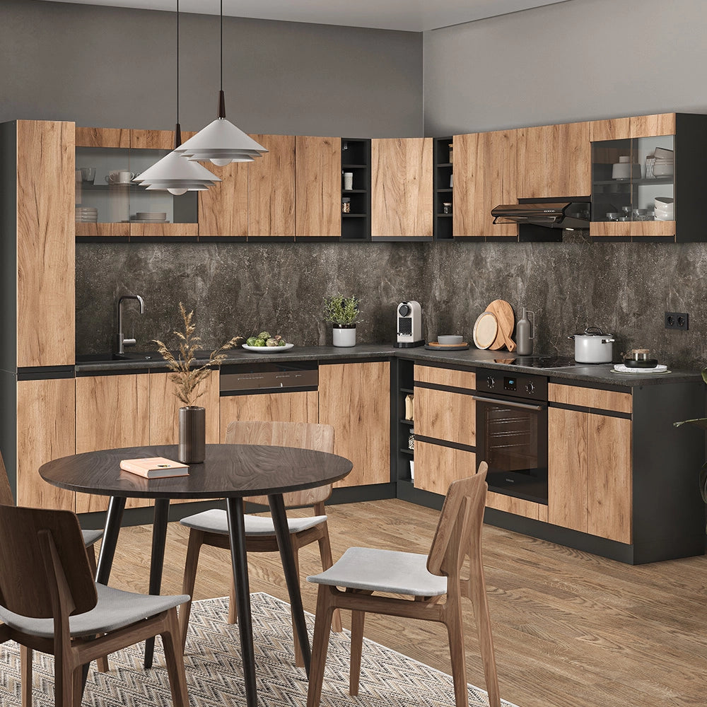 Vicco Cucina angolare completa Quercia dorata/antracite 257 x 277 cm J-Shape, PL Marmo