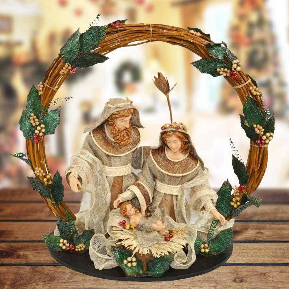 Trade Shop - Presepe Nativita' Con Corona Legno Agrifoglio Altezza 49cm Decorazioni Natalizie -