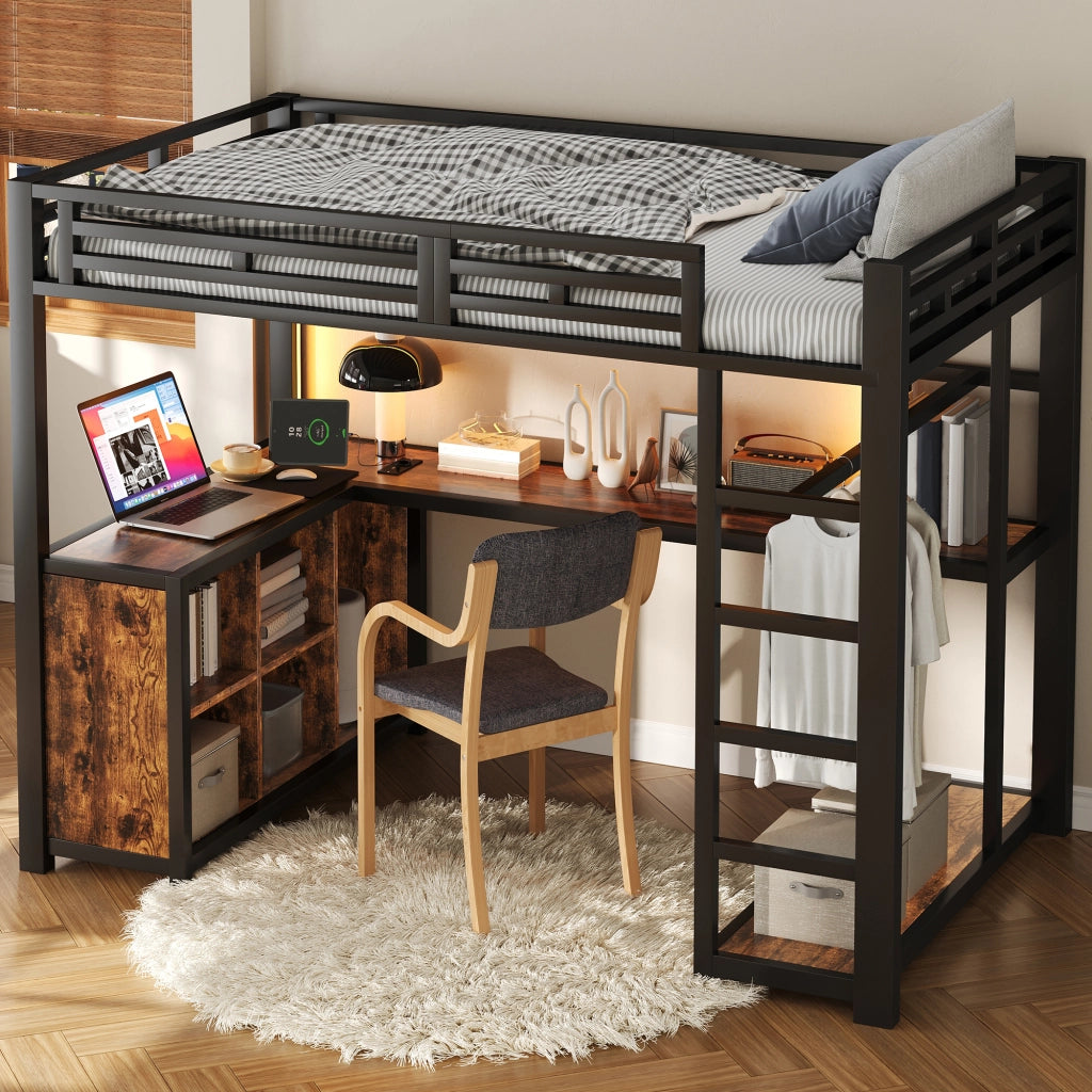 LETTO a Soppalco 140x200 cm con Scrivania, LED e Armadio Aperto Nero