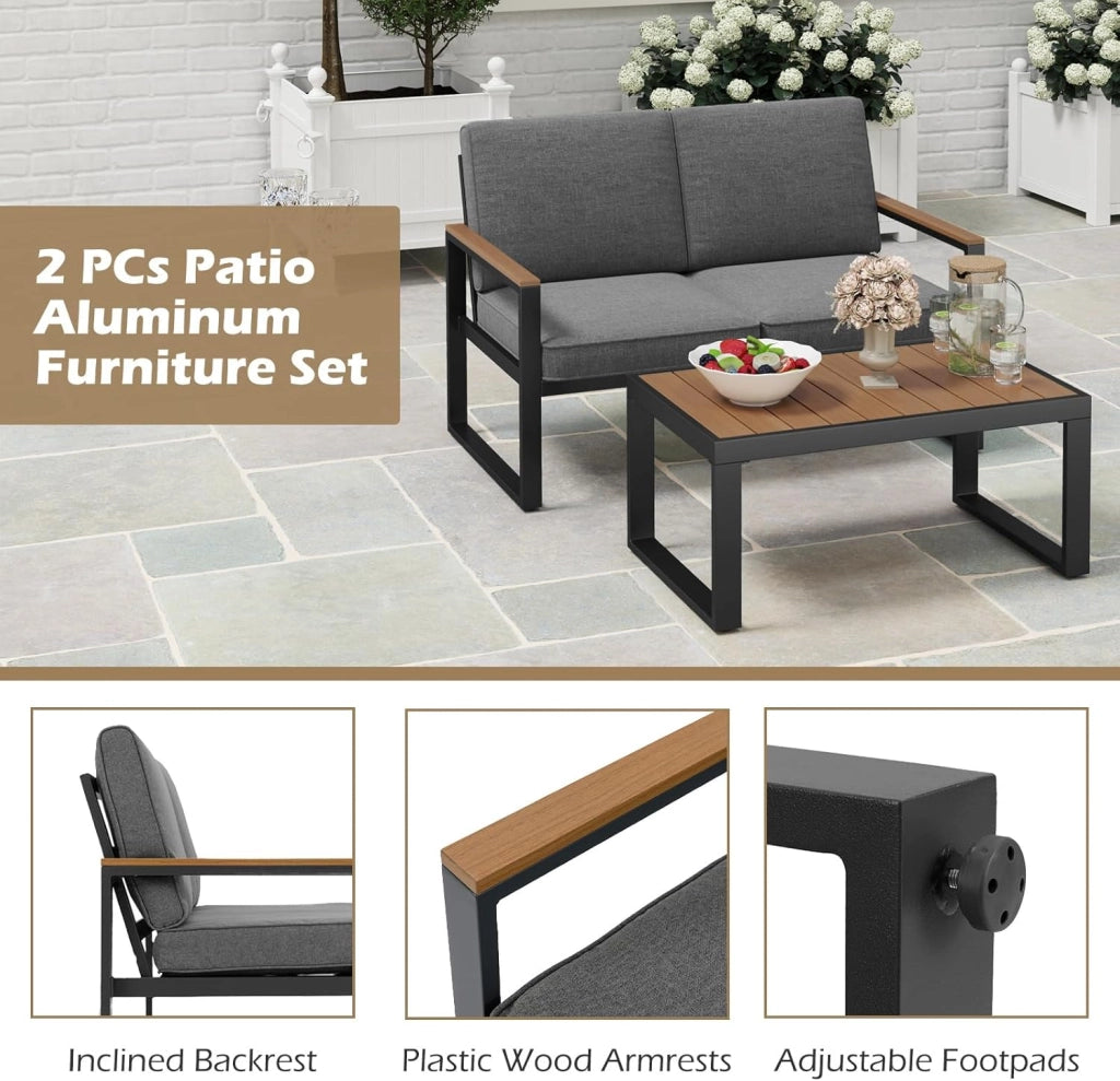 Set di mobili da giardino da balcone, resistente alle intemperie, con telaio in alluminio, set da 2 posti, divano e tavolino da caffè, con cuscino, set da balcone per 2 persone, set da