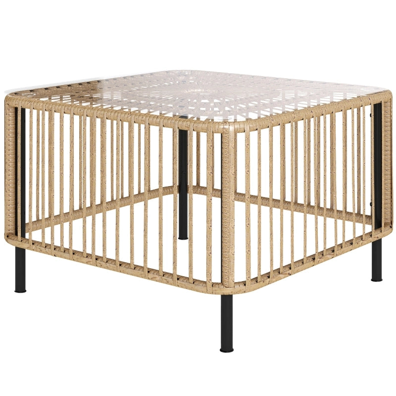 OKWISH Tavolino da Giardino Quadrato con Piano in Vetro Temperato e Rattan, per Terrazza e Balcone, 65 x 65 x 43 cm