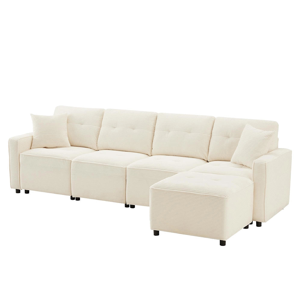 Divano 4 posti in velluto costato - Xylo - 280x146x85 cm - Beige - Con spazio di archiviazione e sgabello incluso