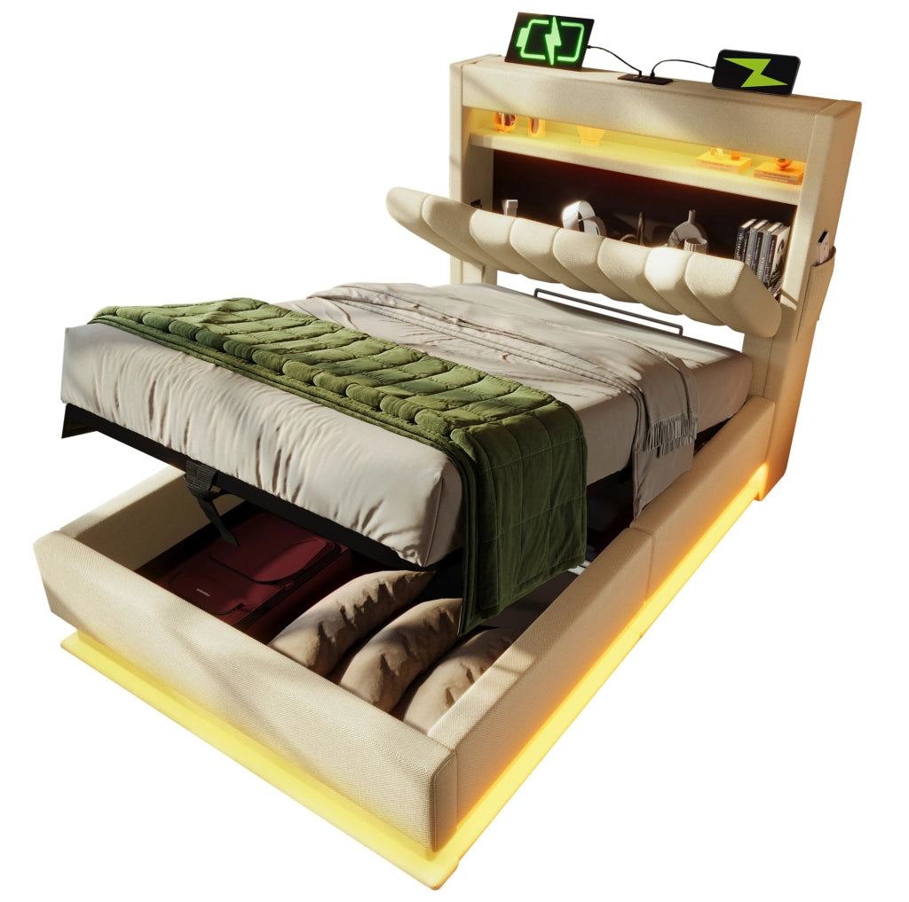 Letto singolo 90x200 cm con contenitore; LED; porte USB e Type-C; beige in lino con materasso