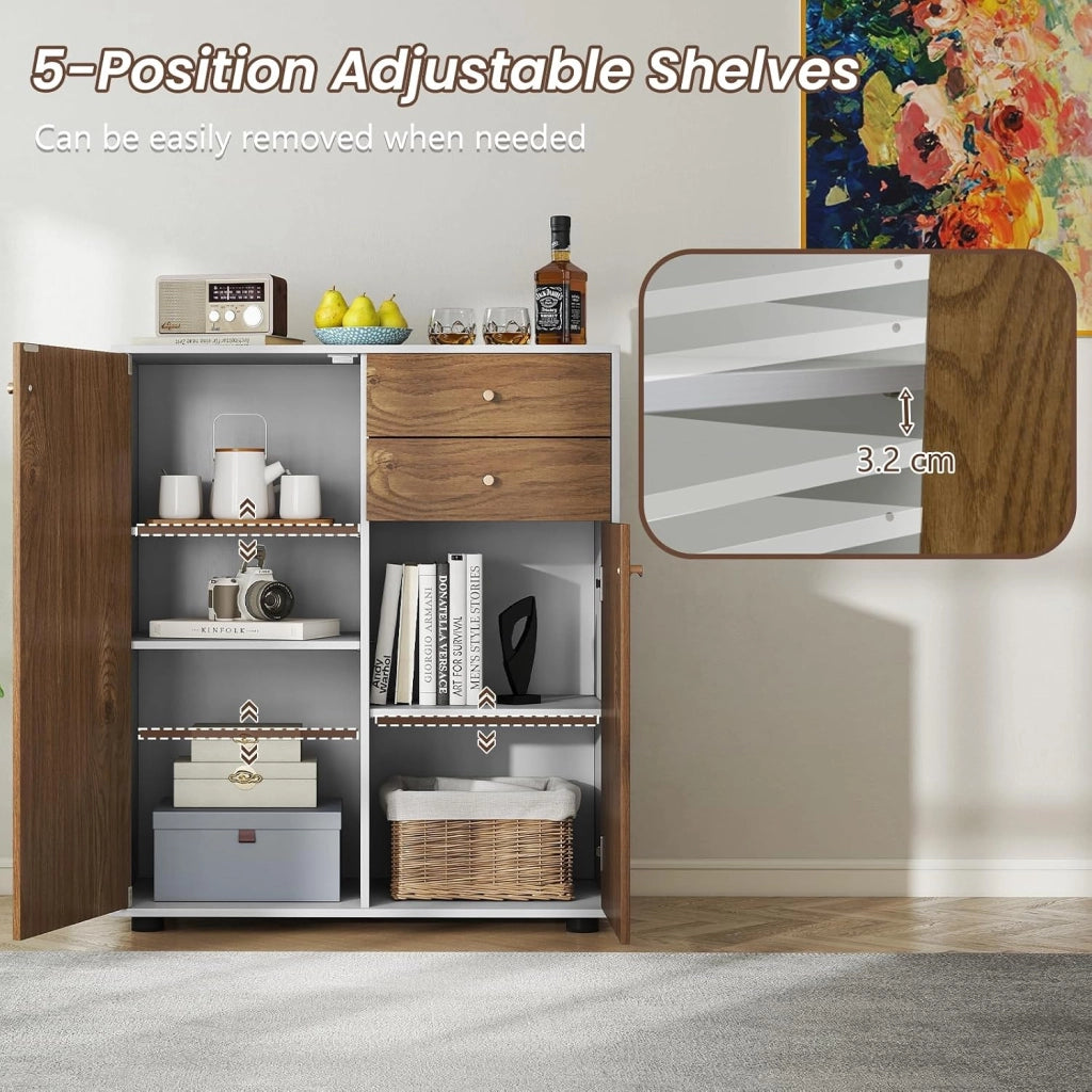 Mobile Dispensa con 2 Cassetti, Credenza da Cucina con 2 Ante, Mobiletto Basso con 3 Ripiani Regolabili, Armadio a Buffet per Sala da Pranzo, Soggiorno, 74x35x85,5 cm(L x P x A) (Naturale)