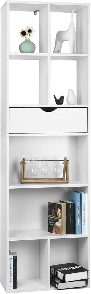 Libreria Bianca, Scaffale Soggiorno con 8 Vani Portaoggetti, Mobile in Legno Salvaspazio con Cassetto, Portalibri da Terra Moderno per Camera da Letto, Ufficio, 50x24x168 cm