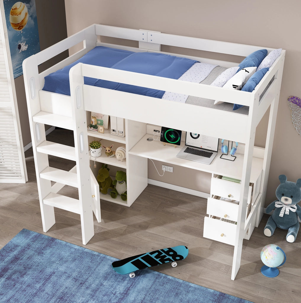 Letto a soppalco 90x200 cm con scrivania; armadio; cassetti e ricarica USB-Type-C; bianco