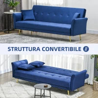 Divano Letto Clic Clac con Schienale Regolabile e 2 Cuscini, in Tessuto Effetto Velluto, 215x83x87 cm, Blu