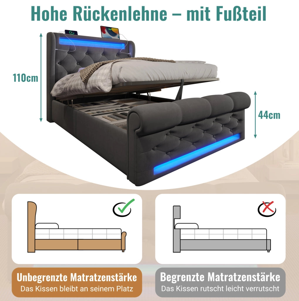Letto imbottito con LED, ricarica USB e contenitore