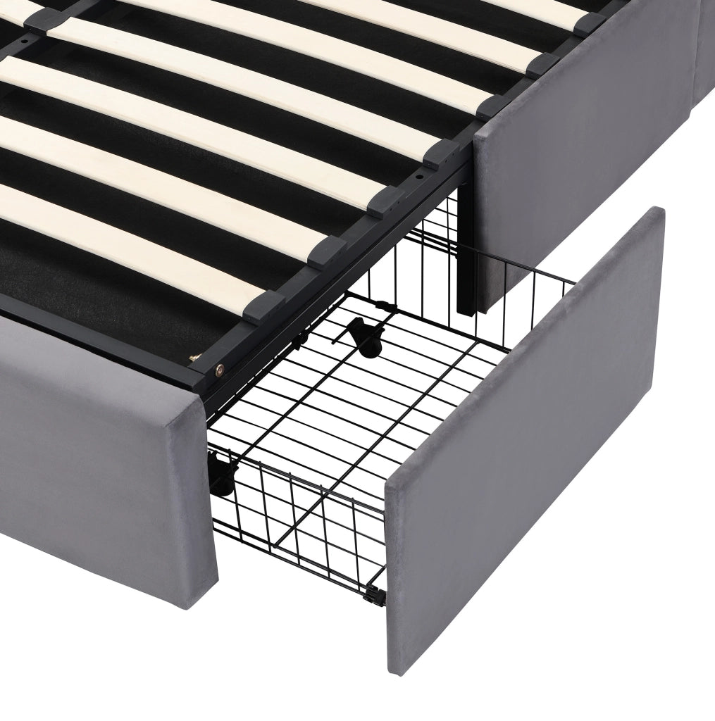 Letto imbottito 140x190 cm in velluto grigio con contenitore; 3 cassetti e testiera regolabile