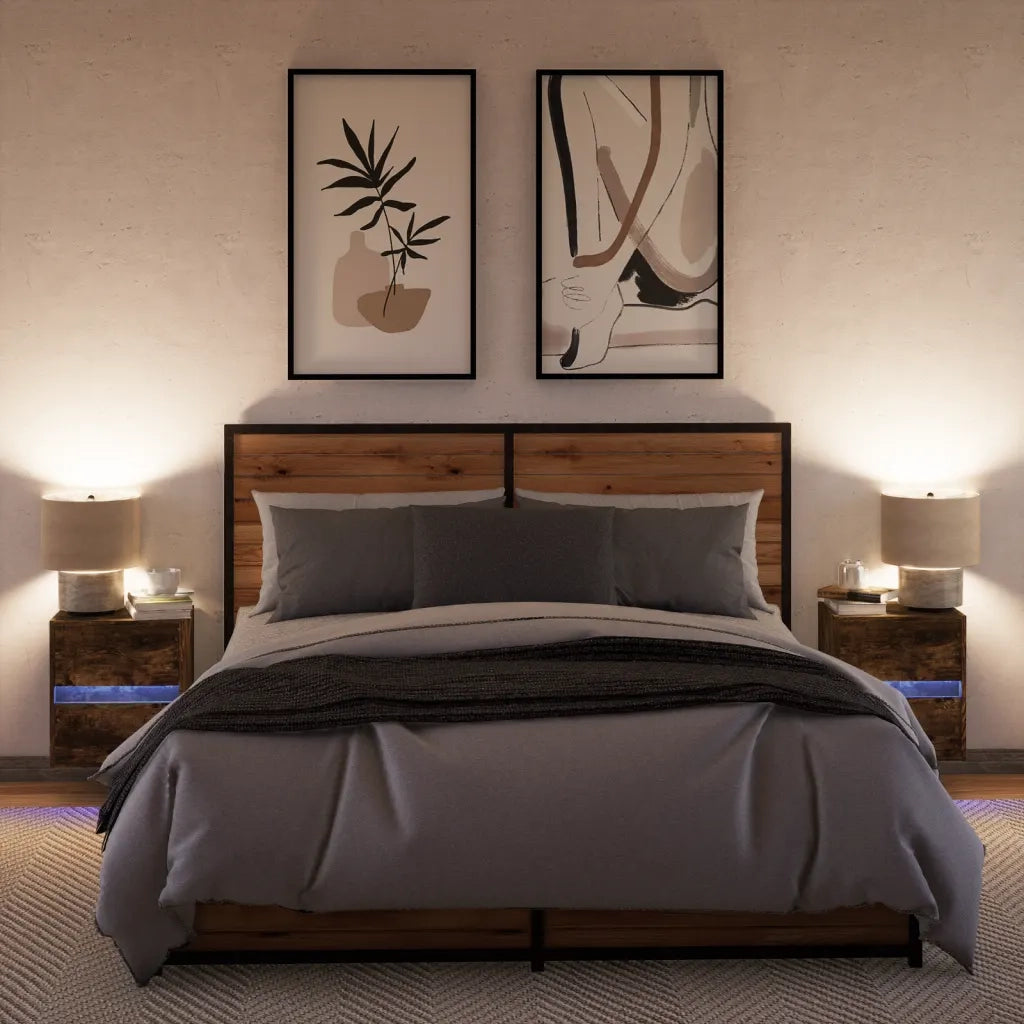 Set di 2 Comodini | Armadio da Notte | Mobiletto da notte a Parete con luci LED Rovere Fumo