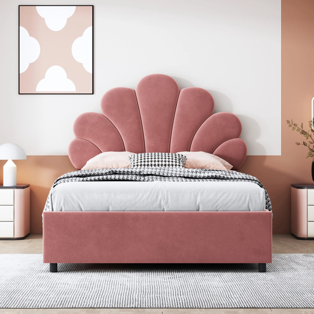 Letti contenitori 90x200 cm; con contenitore e testiera decorativa; velluto rosa (Senza materasso)