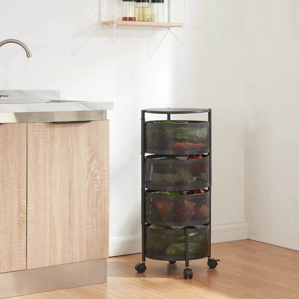 Carrello da Stoccaggio Steigen con 4 Cestelli Girevoli in Acciaio Nero [en.casa]