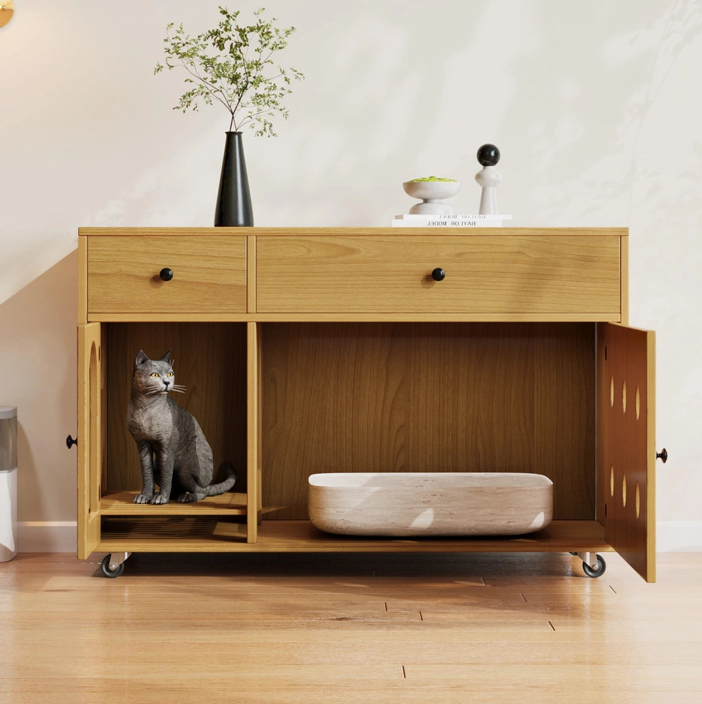 Mobile per lettiera per gatti 100x45x66 cm con cassetti; vassoio raccogli-sabbia amovibile; naturale