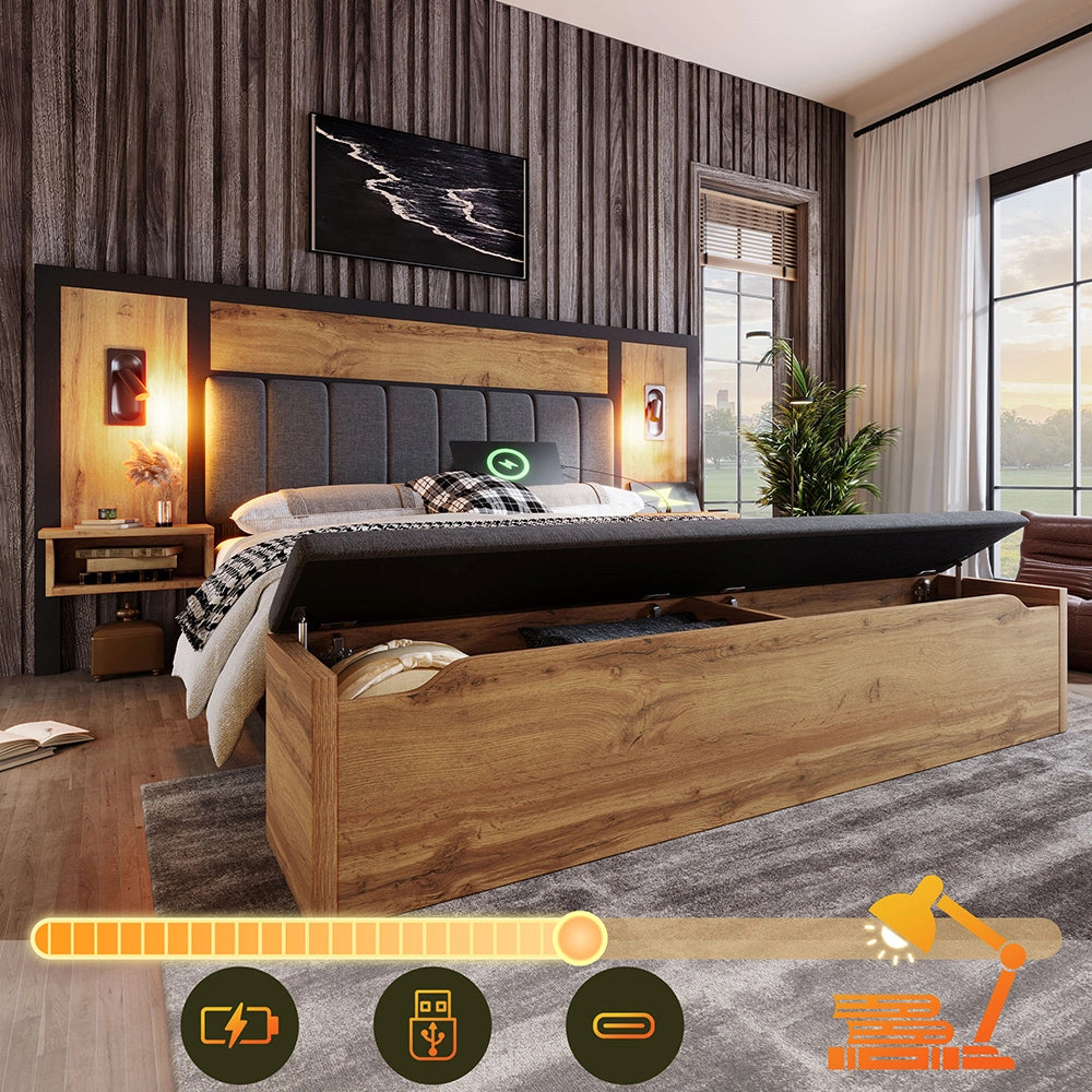 Letto matrimoniale imbottito - Xylo - 160??200 cm - Ch??ne - Lampada lettura, USB C, banquette