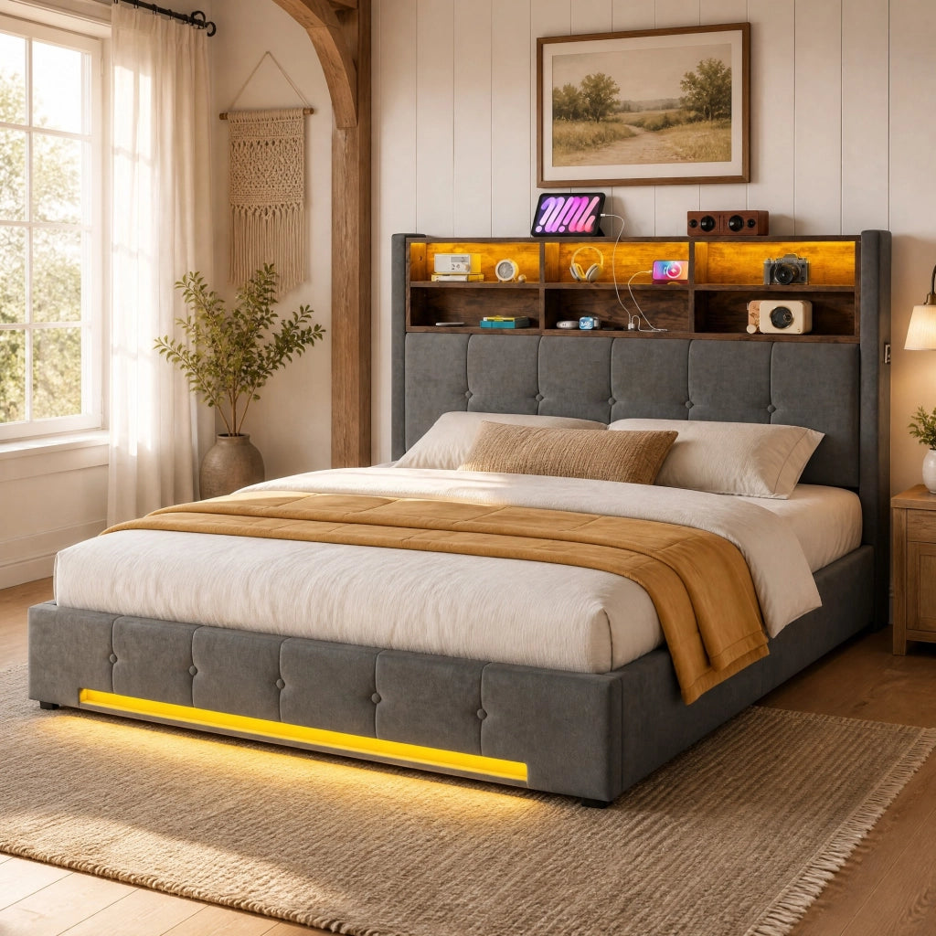 LETTO Contenitore 160x200 cm in velluto grigio scuro con LED e USB-C