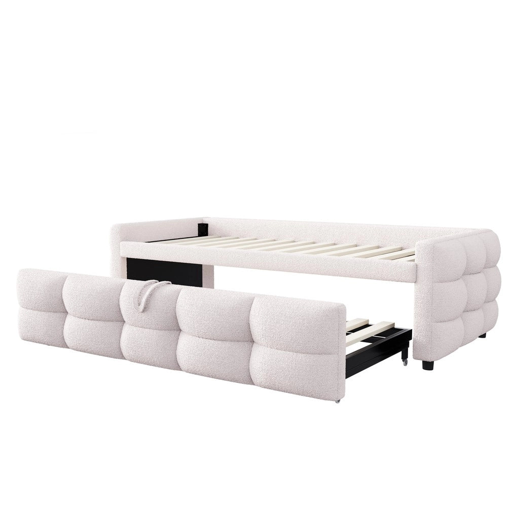 Letto Imbottito Estraibile in Velluto Teddy ¨C MINIMAL ¨C Singolo/Matrimoniale 90/180x190 cm con Doghe, Beige