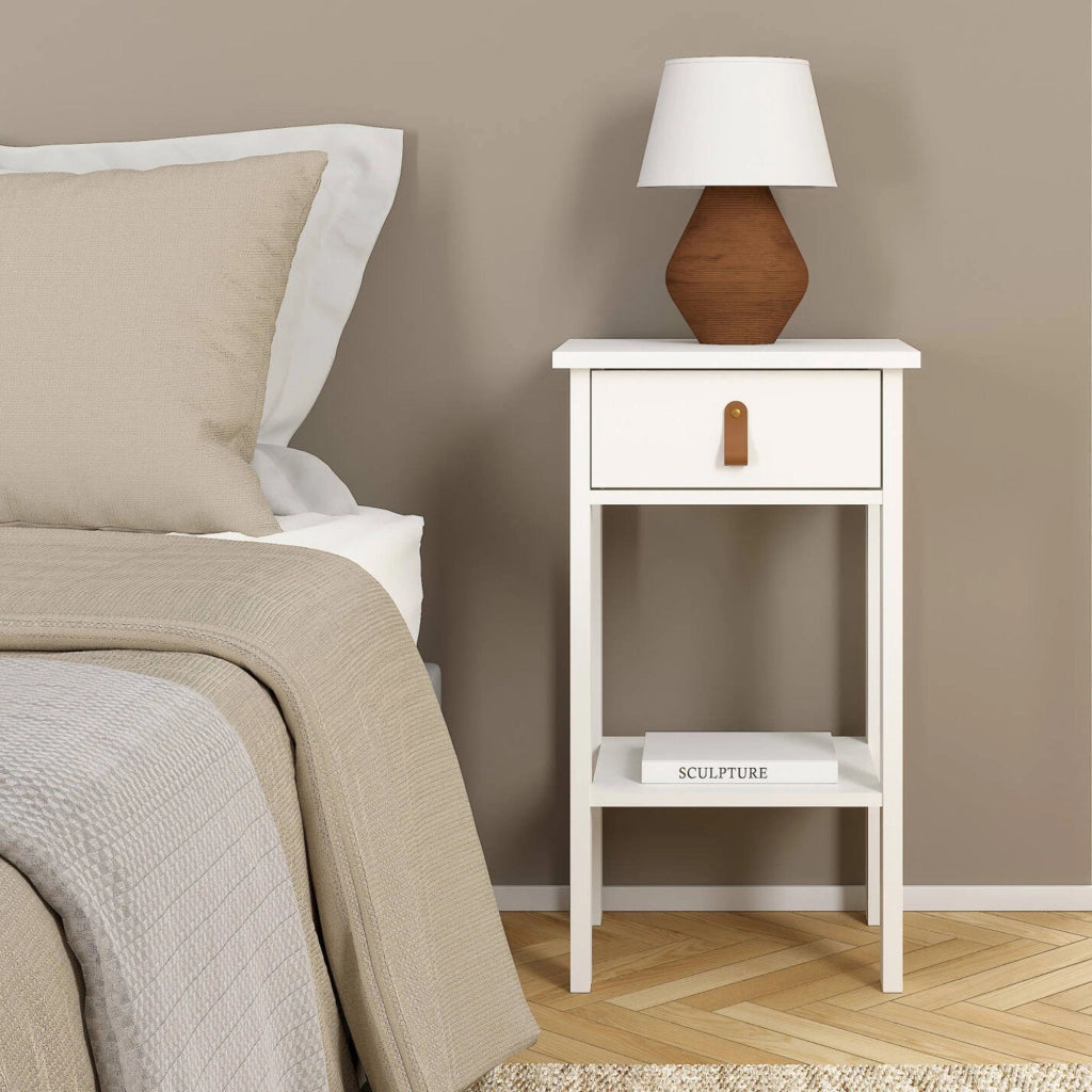 Comodino Inday, Comò basso, Tavolino da notte, Mensola da letto, 40x34 h70 cm, Bianco