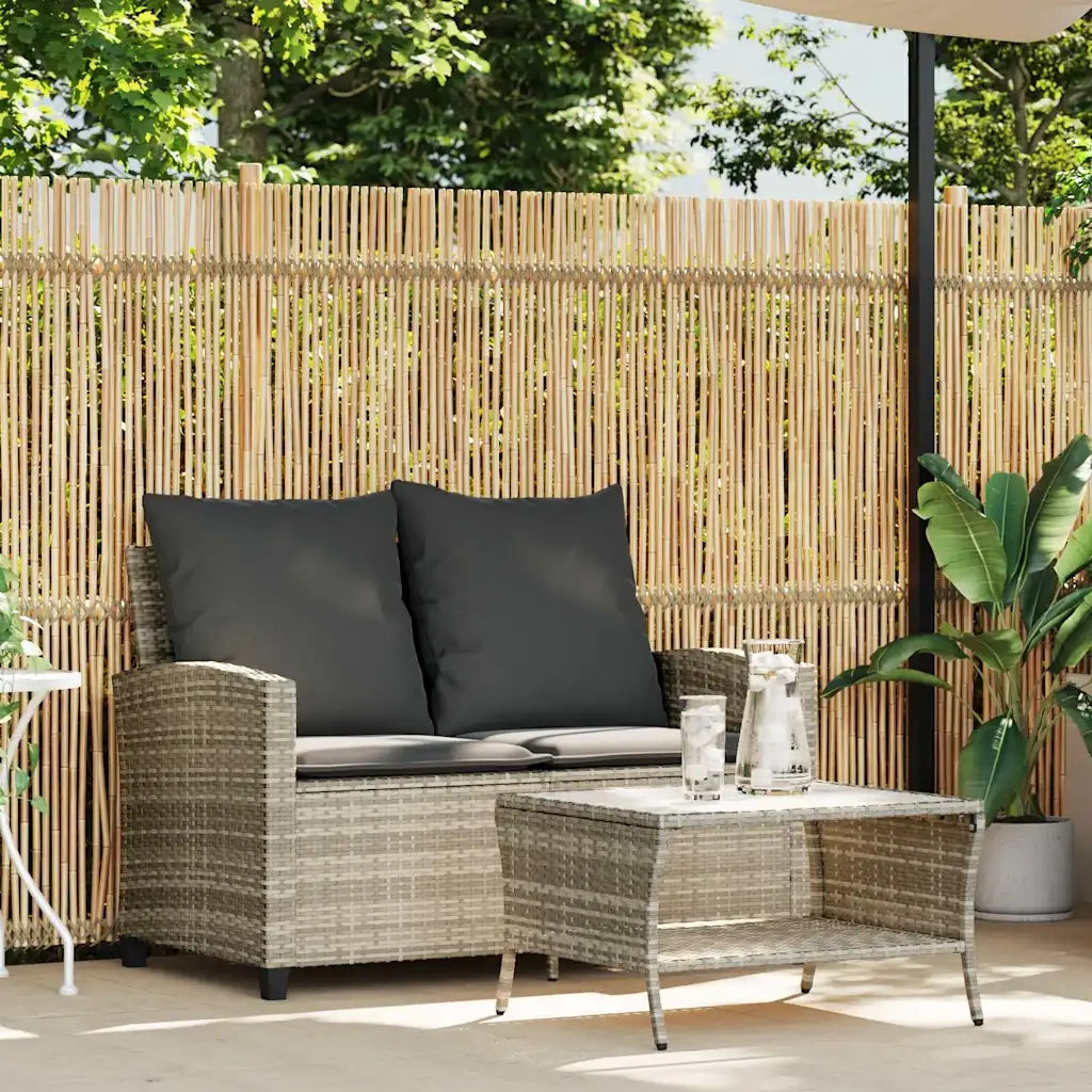 Divano 2 Posti con Cuscini e Tavolo-Sofa 2 Posti con Cuscini e Tavolo Grigio Chiaro Polyrattan
