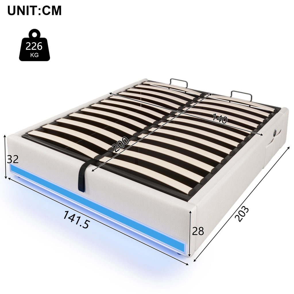 DESMIU Letto contenitore 140 × 200 cm 2 posti con USB, Type-C, LED e tasche, senza materasso, in lino beige