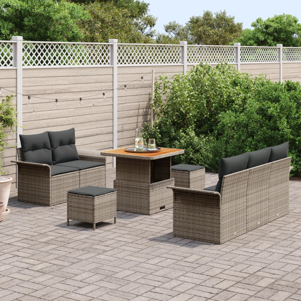 Set Divano da Giardino in 8 Pezzi con Cuscini Grigio Polirattan Acacia