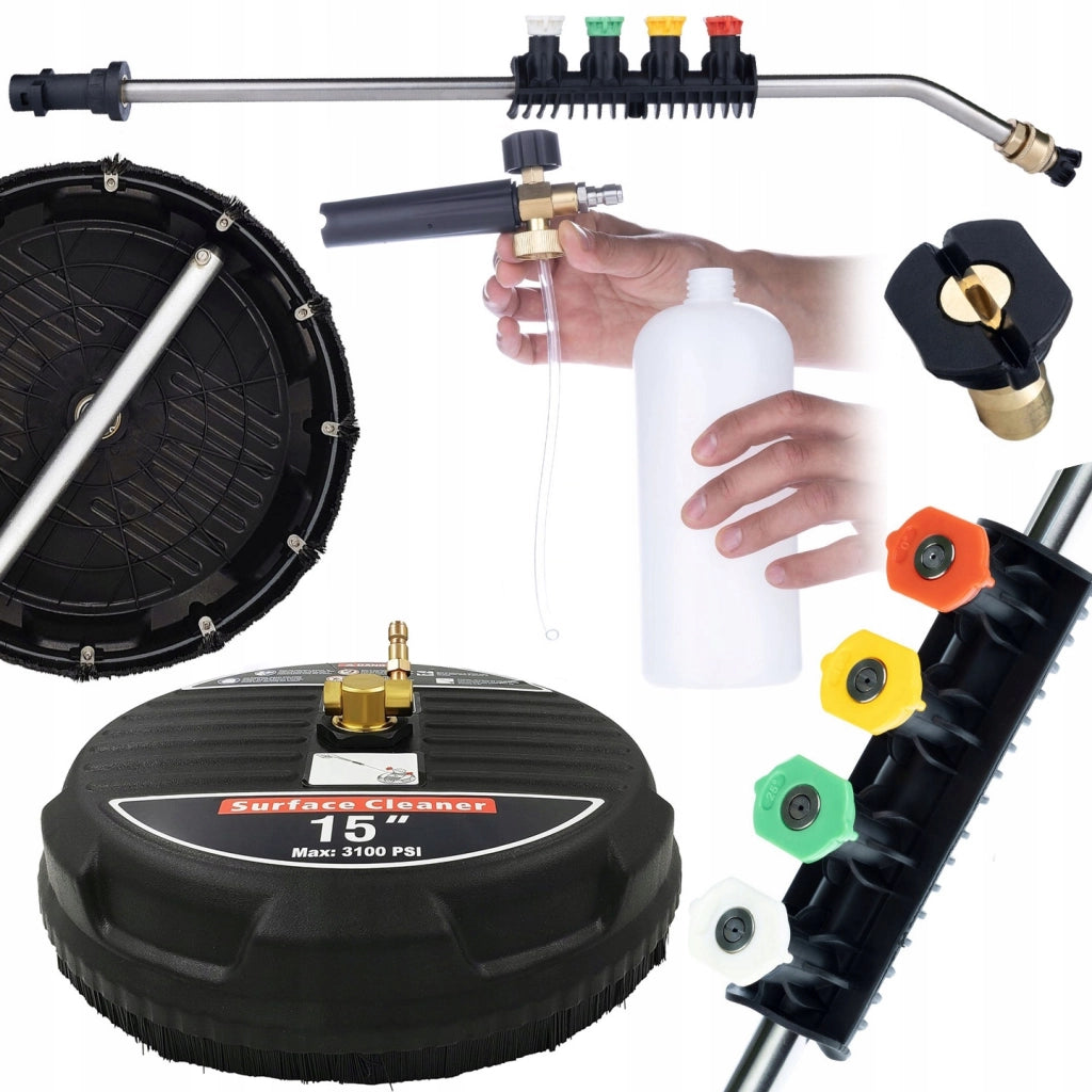 Set di Accessori per Idropulitrice – Spazzola T-Racer 15", Lancia 1/4" con 5 Ugelli, Schiumogeno 1000ml