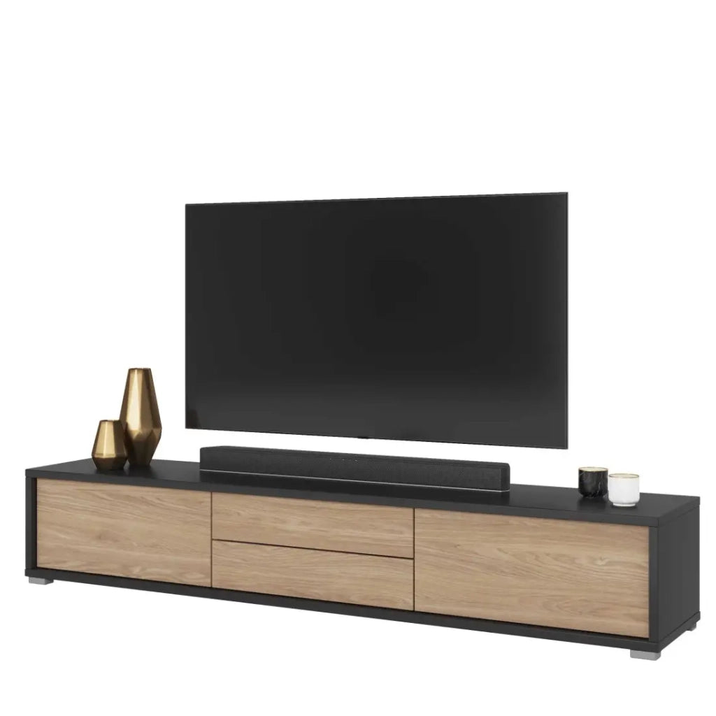 Mobile TV 180cm, 2 cassetti e 2 porte collezione MAANUM. Colore grigio e rovere chiaro.