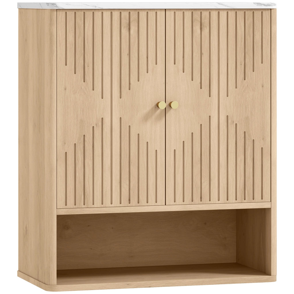 Armadietto Bagno a Parete 60x18x70 cm con Ripiano a Giorno Ante Decorate e Piano Effetto Marmo in MDF Rovere