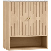 Armadietto Bagno a Parete 60x18x70 cm con Ripiano a Giorno Ante Decorate e Piano Effetto Marmo in MDF Rovere