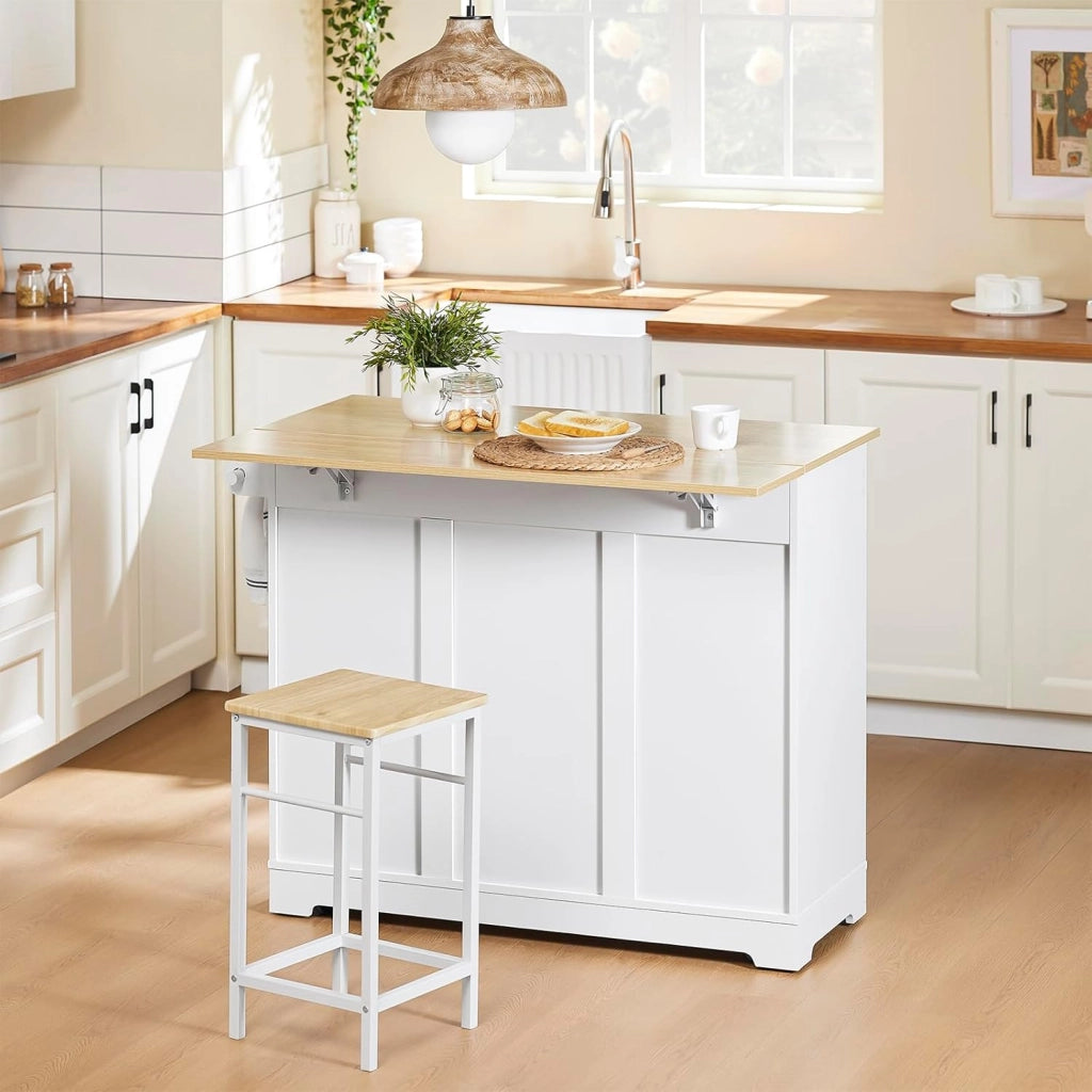 Isola Cucina con Ruote, Tavolo Estensibile in Legno, Mobile Cucina con 2 Cassetti, Penisola Cucina Salvaspazio, Credenza Multifunzione per Piccole Cucine Bianco 113 x (44–69) x 91 cm FKW129-WN