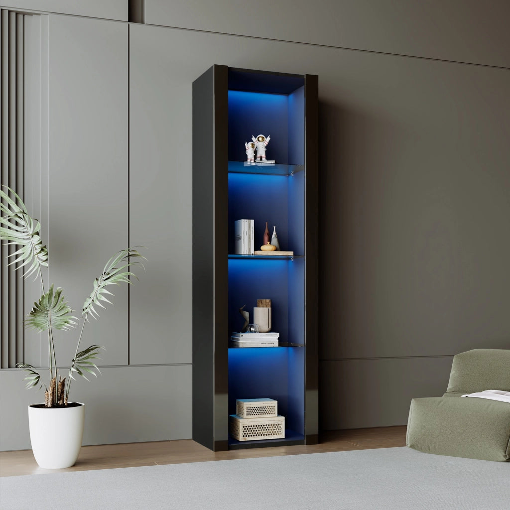 Vetrina con LED e 3 ripiani in vetro, pannelli frontali lucidi, per soggiorno, in truciolato, nero, 55 × 38 × 166 cm