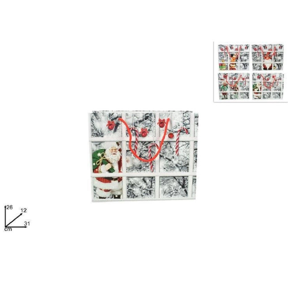 Trade Shop - Set 2 Buste Regalo Stampa Finestra Con Paesaggi Innevati Manici Rossi 31x26x12cm -