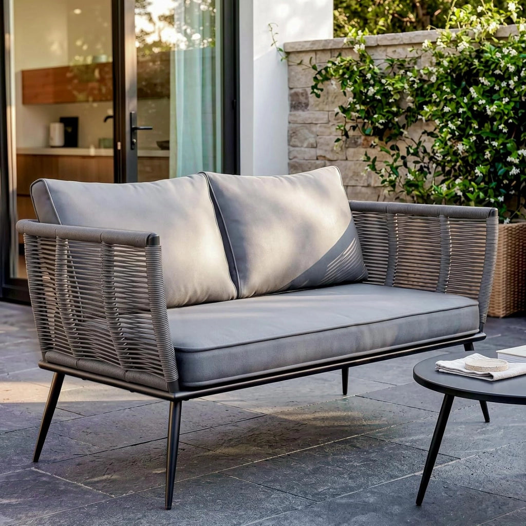 Divano in rattan a 2 posti, per balcone, grigio, divano, piccolo balcone, giardino d'inverno, terrazza, mobili per interni ed esterni, resistente alle intemperie, panca con schienale