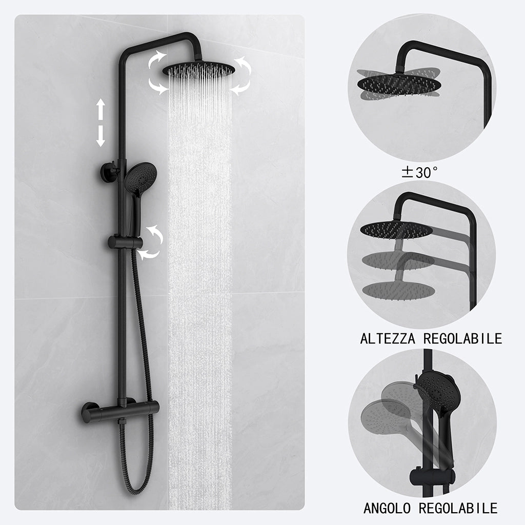 Kit doccia con miscelatore termostatico, soffione rotondo da 20cm, doccetta tonda 23x10.8cm, colonna doccia regolabile 72-120cm, nero