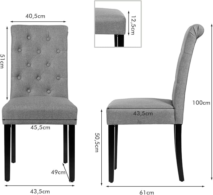 2 Seide Sala da Pranzo 43 x 61 x 100 cm, Seidie Cucina Laterali in Tessuto Rivestito con Gambe in Legno di Gomma, Tessuto di Lino Traspirante e Spugna ad Alta Densità (Grigio)