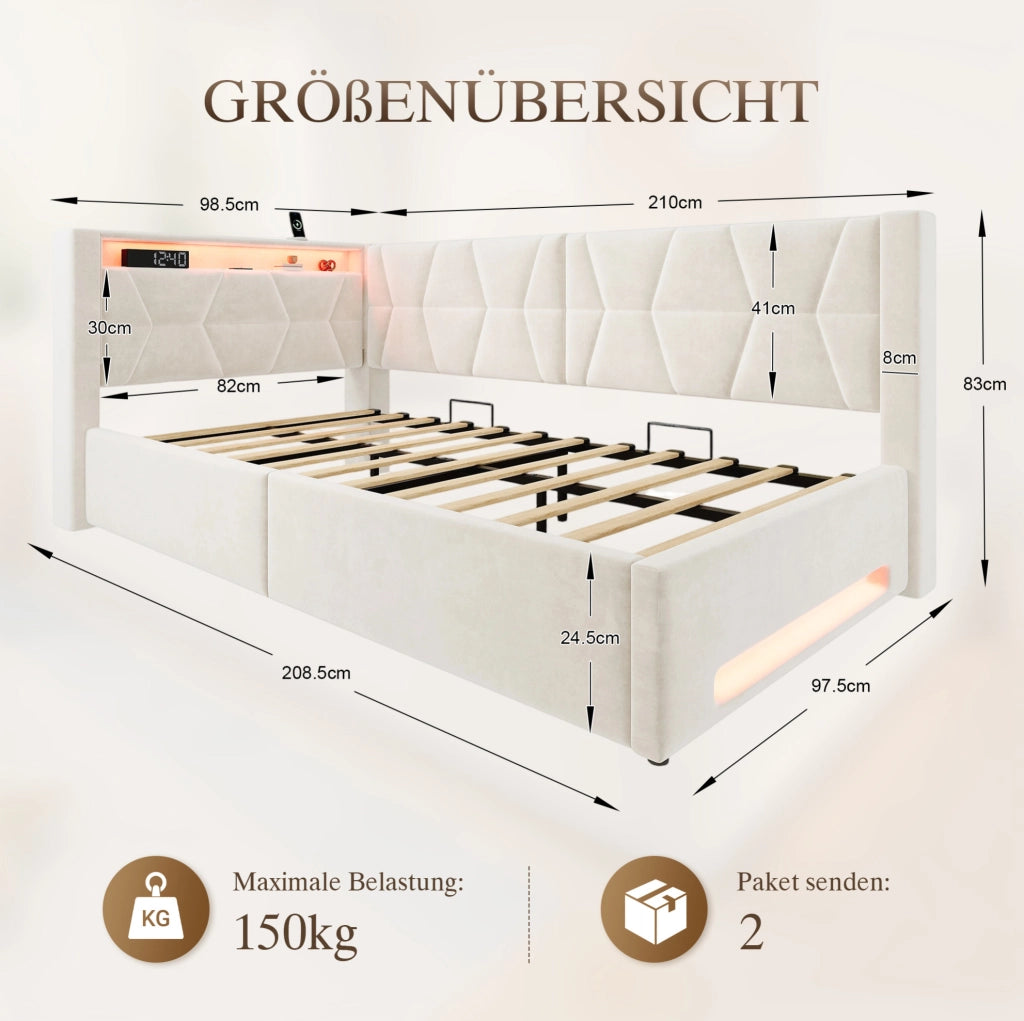 Letto imbottito 90x200 cm con contenitore, LED, USB e Type-C