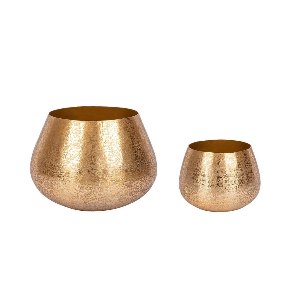 Set di 3 Porta Vaso in Alluminio Martellato Oro con Treppiede in Legno - ROMAN