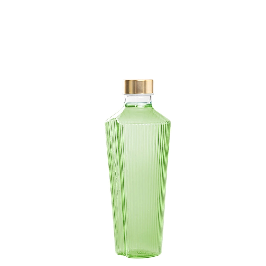 Handy Bottiglia in Vetro Borosilicato Verde Mela Elegante Design con Scanalature Verticali e Tappi Satinati Intercambiabili per Tavola Moderna